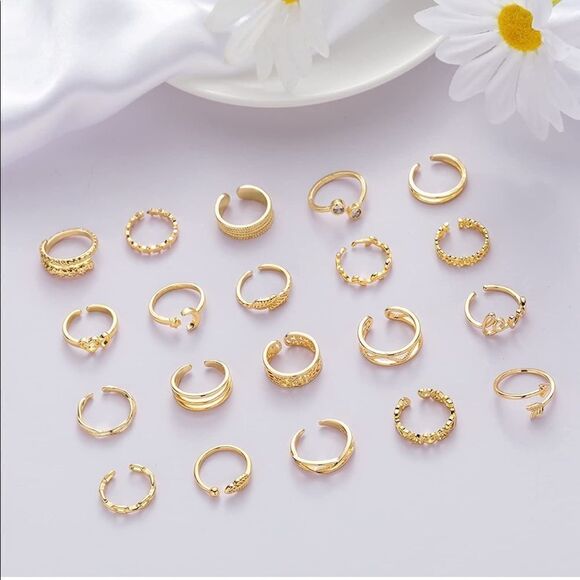 18K Yellow Gold Adjustable Boho Open Toe Rings - Set of 20 - Picture 7 of 10